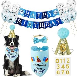 Dog Birthday Bandana Boy, VIPITH Cute Dog Birthday Party Supplies with Happy Birthday Banner Bow Tie Hat Banner Balloons Cake Topper for Pet Puppy Cat Birthday Decorations (Blue/Boy)